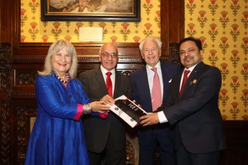 Lord Michael Levy, British MP Virender Sharma and Baroness Helena Kennedy handing over the World’s Emerging Leader Award to Syam P Prabhu at House of Lords, London.